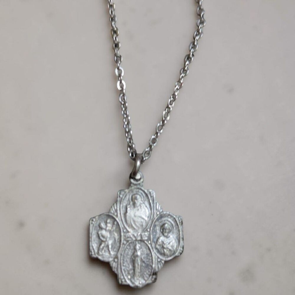 Silver Religious Cross Necklace Saints Pendant Catholic Christian Jewelry Faith - Picture 2 of 3